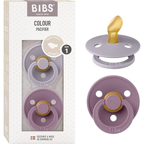 BIBS Lot de 2 tétines colorées avec tétine anatomique - Caoutchouc naturel sans BPA - Fabriquées au Danemark - Gris fossile/mauve - Taille 0 à 6 mois