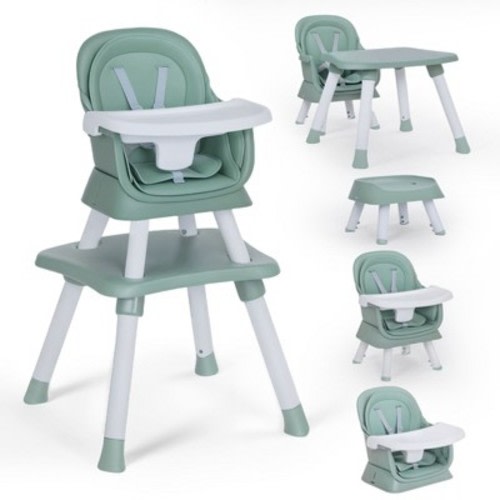 Kinder King 8 in 1 Baby High Chair, Coverts to Dining Booster Seat, Removable Tray & Double Seat Cover, Easy to Wipe, White & Green