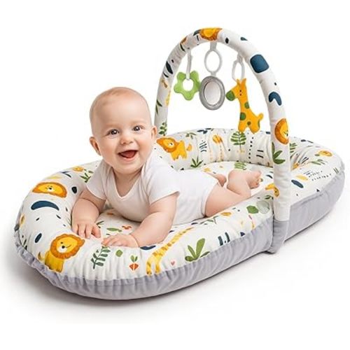 Baby Lounger with Toy Bar & 3 Toys – Infant Nest for Newborns 0–12 Months | 100% Cotton Soft Breathable Cover, Portable Washable Tummy Time Pillow, Shower Gift Registry Essential Newborn Boys