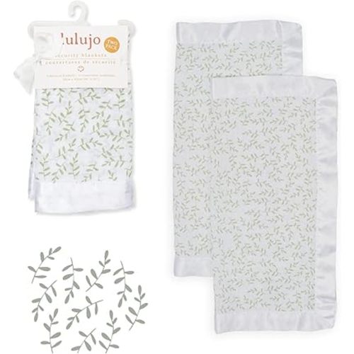 lulujo Security Lovey Blankets| Unisex Softest Breathable Cotton Muslin Security Blanket Set with Silky Satin Trim| Neutral Comforting Blanket for Girls & Boys | 16in x 16 in| Greenery