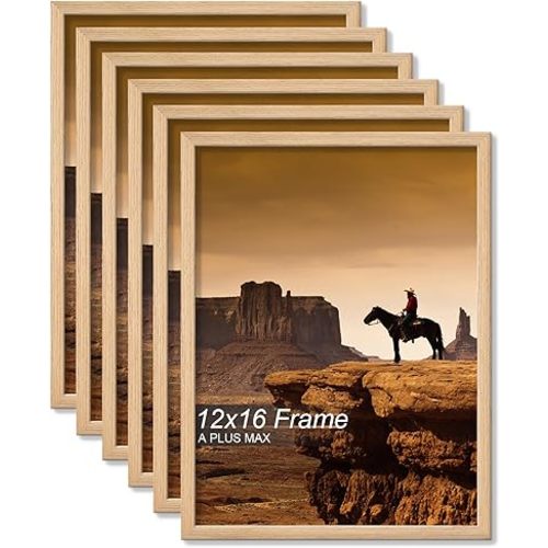 A PLUS MAX 12x16 Picture Frame Set of 6, Natural Engineered Wood Frame for 12 x 16 Inch Picture Poster Photo, Light Weight 12 by 16 Frame with Wood-grain for Wall - 6 Pack/Natural/12 x16