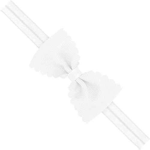 Wee Ones Baby Girls' Grosgrain Scalloped Edge Hair Bowtie on a Elastic Band, Handmade, 0-6 Months, White