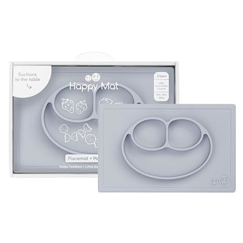 ezpz Happy Mat - 24 Months+ (Pewter) - 100% Silicone Suction Plate with Built-in Placemat for Toddlers + Preschoolers - Divided Toddler Plates - Toddler Essentials