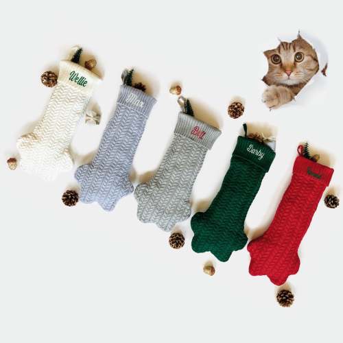 Knitted Paw Christmas Stockings, Personalized Embroidered Paw Stocking, Red, Cream, Green, Gray, Gift, Family, Holiday, Christmas Stocking