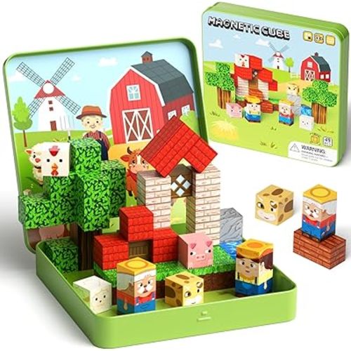 49 PCS Magnetic Building Blocks Travel Toys, Farm Animals Magnetic Tiles with Portable Iron Storage Box & Play Base, STEM Learning Toys for Kids Ages 3-5, 4-8