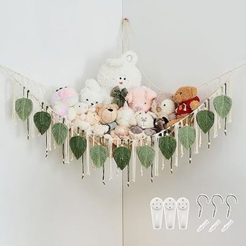 Pretty Jolly Macrame Stuffed Animal Hammock with Beads Hand Woven Leaf Tassels Corner Hanging Net Boho Plush Holder for Toys Kid Room Nursery Decor Organizer for Girls Gift(Sage Green&Avocado Green)