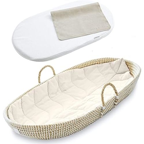 Premium Seagrass Baby Changing Basket with Pad - Handmade Baby Moses Basket - Luxury Leaf Liner - Bamboo Jacquard Cover - Vegan Baby Changing Mat - Baby Changing Pad - 30 x 16 x 4 inches
