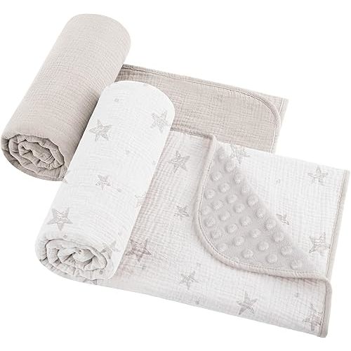 Susurration Baby Blanket for Unisex Boys Girls, 2 Pack Soft Fluffy Crib Blankets with Muslin Cotton Front and Dotted Fleece Back, Receiving Blanket for Baby Newborn Infant, 30x40inch, Beige Star&Grey