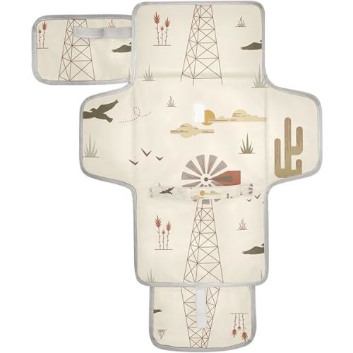 Western Desert Pattern Baby Changing Pad - Waterproof Diaper Changing Pad with Built-in Pillow - Portable Travel Changing Mat for Newborn Girl & Boy