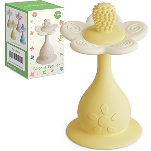 Baby Flower Teether Rattle Toy, Sensory Toy for Baby 0-24 Months, Teething Relief Chewing Toy for Infant, BPA Free Food Grade Silicone Teether (Yellow)