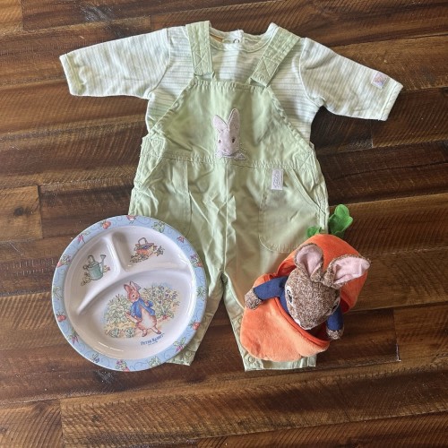 Vintage Peter Rabbit Beatrix Potter 3 Mo Easter Set Overalls Plate Stuffed Toy