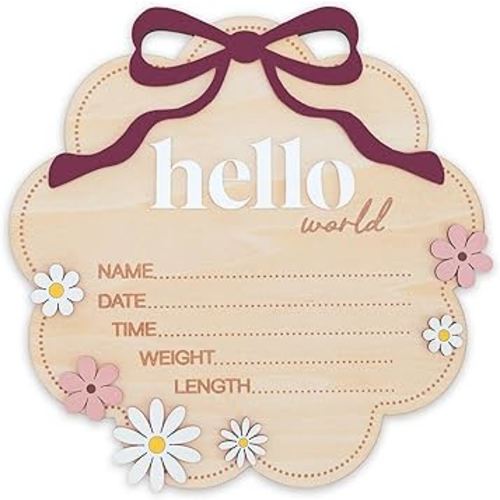 Hello World Wooden Baby Birth Announcement Sign with Pink Bow, Cloud Shape Floral Newborn Name Date Time Weight Length Board, Baby Girl Nursery Photo Prop (Berry)