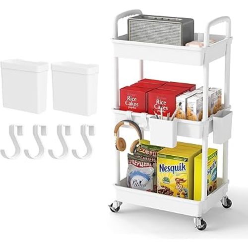 3 Tier Rolling Utility Cart with Handle,REBECAT Utility Cart Made of Multifunctional Storage Organizer Tool for Kitchen,Bathroom,Living Room,Office(White)