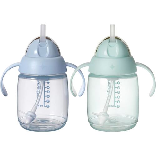 Tommee Tippee Starter Weighted Straw Baby & Toddler 10oz Sippy Cup for 6 Months+, with Silicone Weighted Straw and Easy-Hold Handles, BPA Free, Blue & Green, Pack of 2