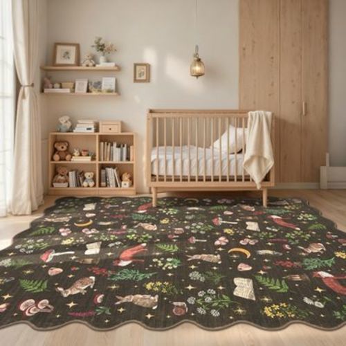 5'x7' Scalloped Woodland Animal Washable Area Rug, Cute Fox Rabbit Carpet Foldable Stain Resistant Floor Cover for Living Room Playroom Bedroom