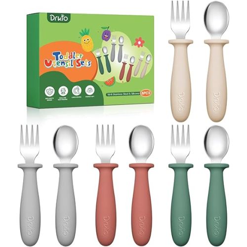 DRKIO 8 Pieces Toddler Utensils Set - Kids Silverware Set with Silicone Handle Children Safe 18/8 Stainless Steel Forks and Spoons Anti-Choke Design Food Grade Dishwasher Safe