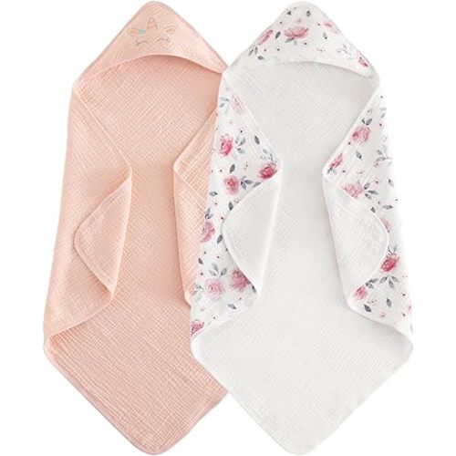 PHF 100% Muslin Cotton Baby Hooded Towels, 2 Pack Bath Towel with Hood for Newborn, Infant, Toddler, Ultra Soft and Absorbent Baby Bath Essentials, Shower Gifts for Girls, 32x32Inch, Pink Floral