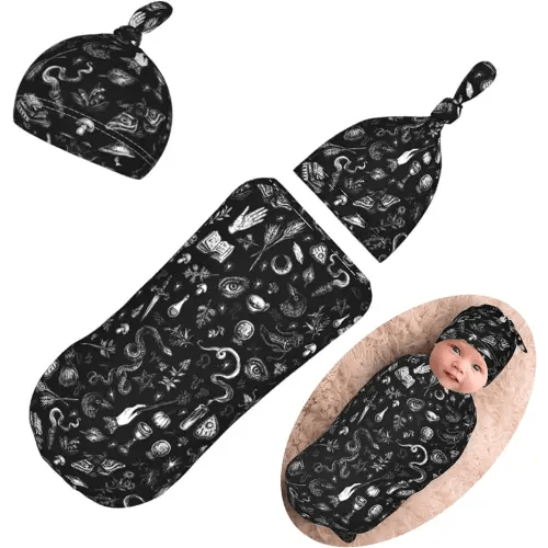 Halloween Newborn Swaddling Blanket Beanie Hat Sets Soft Baby Receiving Funny Goth Skull Blanket Soft Sleeping Bag New Born Soft Sleep Sacks for Boys Girls