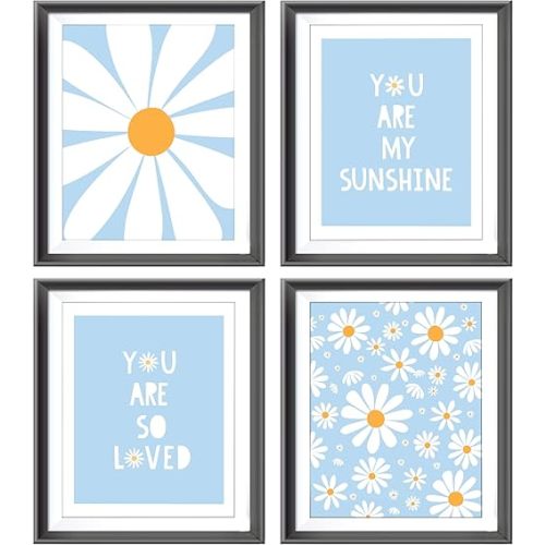 AEHIE Boho Blue Daisy Flower Decor Print, You Are My Sunshine Poster for Baby Girls Room Nursery, Bohemian Wall Art, Spring Aesthetic Floral Wall Art, 4pcs