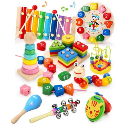 WSBArt 9 in 1 Wooden Montessori Toys, Rattle Bell Beaded Rattle Drum Column Set, Musical Instruments, Early Childhood Education, Toddler Toys, Christmas, Halloween, Thanksgiving, Birthday Gift