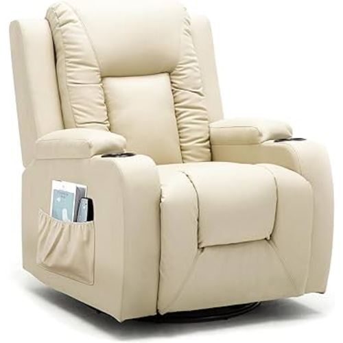COMHOMA Recliner Chair Massage Rocker with Heated Modern PU Leather Ergonomic Lounge 360 Degree Swivel Single Sofa Seat with Drink Holders Living Room Chair Cream