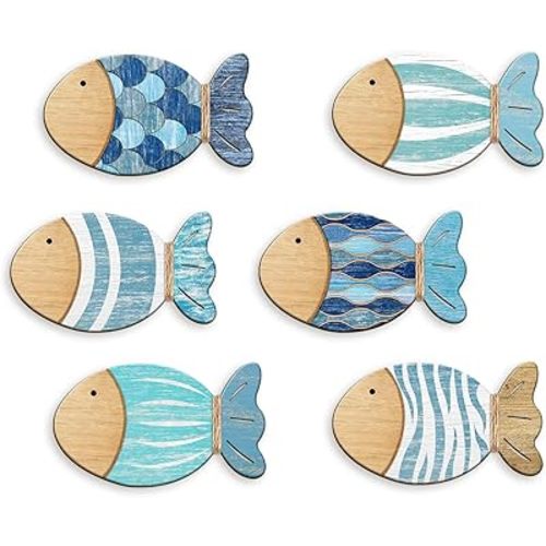 Pigort Wood Fish Wall Decor Beach Themed Room Decor Bathroom Decor Vintage Blue Fish Wall Art for Home Bathroom Bedroom Kid's Room