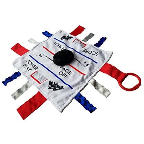 Baby Hockey Toy, Educational & Teething Closed Ribbon Tag Lovey Blanket with Security Plush: 10"X10" (Hockey)
