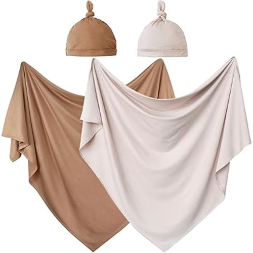 OWLOWLA 2Pack Newborn Swaddle Blanket with Hat Set Baby Wrap Swaddle Receiving Blanket Boys Girls(Brown&Sand)
