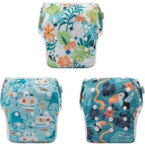 Babygoal Baby Swim Diapers 3 Pack for 0-8 Months Infant Girls and Boys, Reusable Adjustable Washable for Swimming Lessons-Flower,Octopus