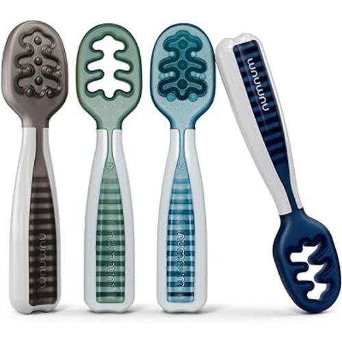 NumNum Baby Spoons Set, Pre-Spoon GOOtensils for Kids Aged 6+ Months - First Stage, Baby Led Weaning (BLW) Teething Spoon - Self Feeding, Silicone Toddler Food Utensils - 4 spoons, Beach Picnic