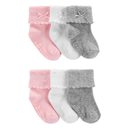 Grey/White/Pink Baby 6-Pack Crew Booties