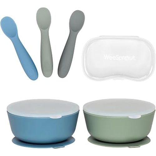 WeeSprout 2 Suction Bowls & 3 Baby Spoons with Travel Case Bundle - Silicone Baby Feeding Essentials - Leak-Proof Bowls with Lids - Soft Self-Feeding Spoons - Dishwasher Safe Toddler Dinnerware