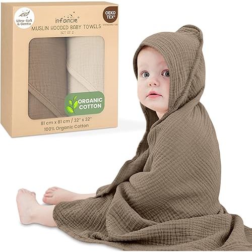 Organic Cotton Muslin Baby Hooded Towels - 32x32 Inch, 2 Pack Newborn Bath Towels for Boys & Girls, Soft & Absorbent Bath Set (Olive/Ivory)