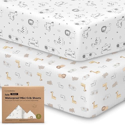 2-Pack Waterproof Pack and Play Sheets, Mini Crib Sheets Fitted for Boy, Girl - 38 x 26 Viscose from Bamboo Pack N Play Mattress Sheets for Graco, Toddler Playard Baby Crib Sheets Neutral (KeaSafari)