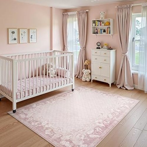 STARUIA 5x7 Pink Rugs for Bedroom Girls, Washable Living Room Farmhouse Rugs, Non-Slip Soft Butterfly Pattern Floor Carpets for Dining Room Office Guest Room Nursery Indoor Decor (Pink,5'x7')