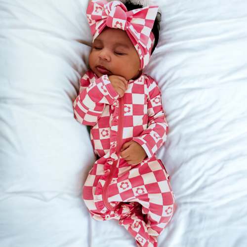 2-Way Ruffle Zip Footie, Pink Flower Checkerboard