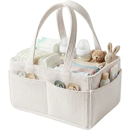 Baby Diaper Caddy Organizer, Portable Corduroy Diaper Storage Basket with Handle, Baby Organizers and Storage for Changing Table, Beige Babies Shower Gifts Basket