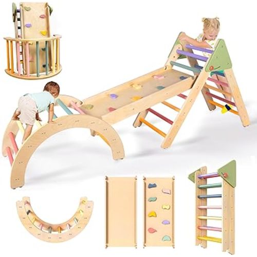 aiwo Pikler Triangle Set 7in1 Montessori Toddler Climbing Toys Indoor, Climbing Toys for Toddlers 1-3 Inside, Baby Climbing Gym Toddler Climber Indoor Playground