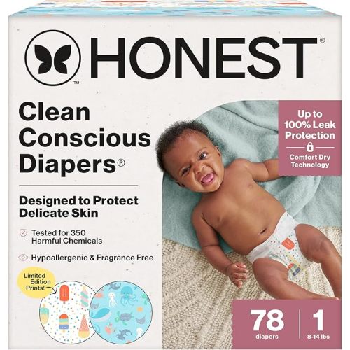 The Honest Company Comfort Dry Disposable Diapers for Sensitive Skin, Hypoallergenic, Fragrance-Free, Summer '25 Seasonal Prints, Club Box, Size 1 (8-14 lbs), 78 Count