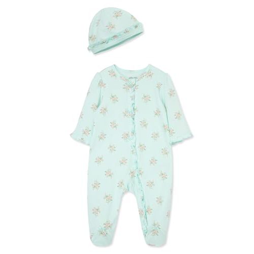 Little Me Clothes for Baby Girls 100% Cotton Scratch-Free Tag Footed One-Piece Romper and Hat Sleeper Set Preemie to 9 Months