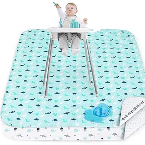 Splat Mat Under High Chair, Waterproof Mat 2 Pack, High Chair Mat for Floor, Mealtime, Playtime, Anti-Slip and Washable High Chair Mat, 46" x 42", Dinosaurs & Ocean