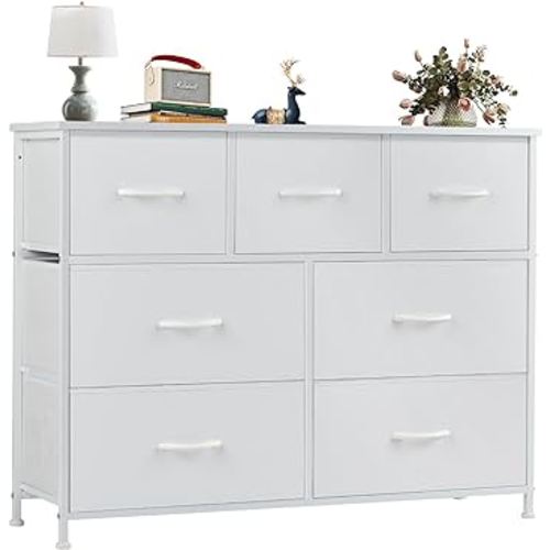 OLIXIS Dresser for Bedroom, 7 Storage Drawers, Wide Fabric Closet Chests Organizer Tower Furniture, TV Stand with Wooden Top Metal Frame for Clothes, Living Room, Hallway, Entryway, Classic White