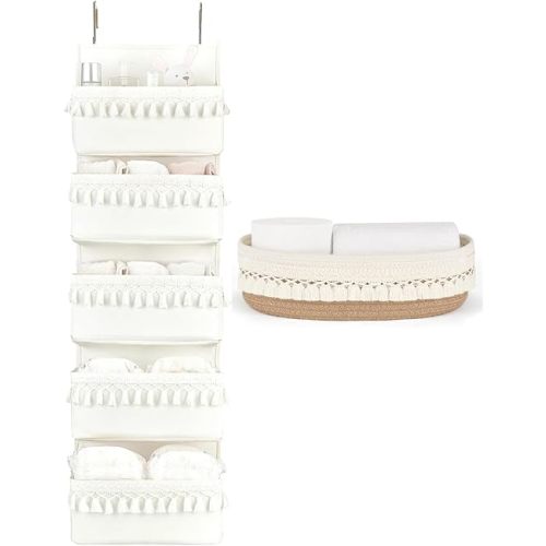 Dahey Closet Hanging Organizer with Tassels Decoration and Toilet Paper Basket for Bathroom Bedroom Living Room Nursery