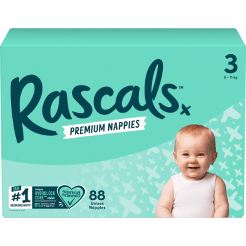 Rascals Premium Nappies Unisex Size 3 6-11kg Crawler 88pk