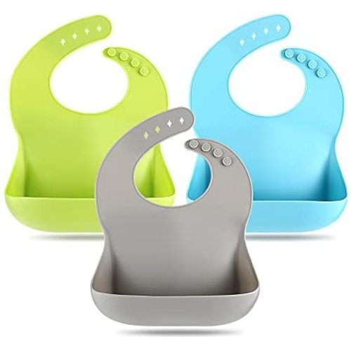 Silicone Bibs for Babies & Toddlers Set of 3, Silicone Baby Bibs for Boy and Girl, Adjustable Soft Waterproof Bibs