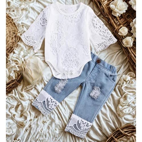 Baby Girl Fall Outfit 0–24M | Lace Long Sleeve Romper + Ripped Jeans Set | Infant Toddler 2Pcs Clothes | Cute Autumn Baby Suit