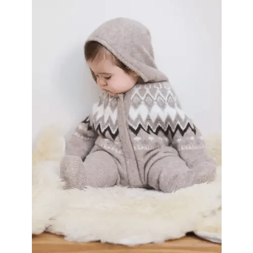 The Little Tailor Baby Fair Isle Knitted Hooded Pramsuit, Mouse/Cream