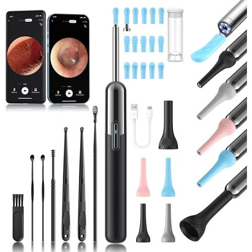 Ear Wax Removal - 3 in 1 Wireless WiFi Rechargeable Ear Cleaner, 1080P HD Camera Lens & 7 Pcs Ear Set, Ear Cleaning Kit with 15 Replacement Tips, Black