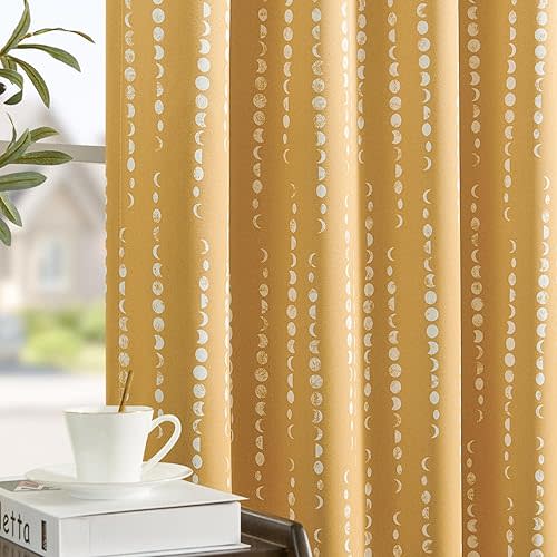 jinchan 100% Blackout Boho Curtains Moon Phases Printed Bedroom Curtains 63 Inch Length Mustard Drapes Rod Pocket Thermal Insulated Curtains for Nursery Yellow Window Drapes Curtain Set 2 Panels