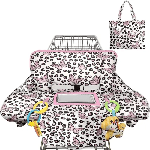 Shopping Cart Cover for Baby 2-in-1 High Chair Cover with Safety Harness Multifunctional Pink Butterfly Leopard Cart Covers for Babies Soft Padded Grocery Cart Cover for Baby Boy Girl
